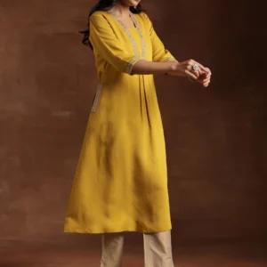 yellow yoke design silk a line kurta