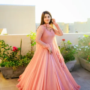 solid peach long flair double layered anarkali with dupatta