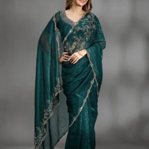 teal green stonework (gold) georgette saree