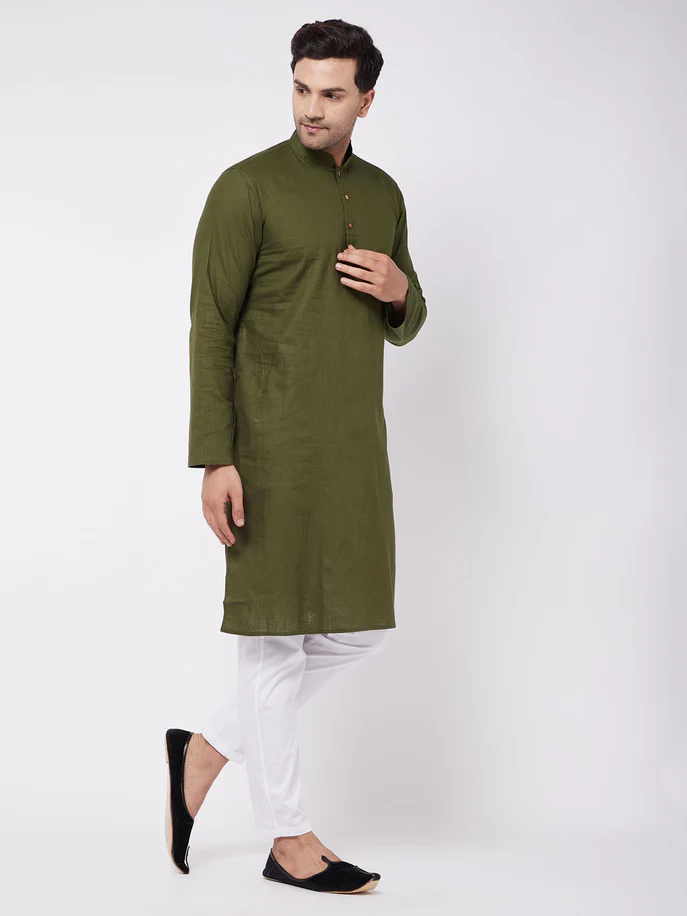 men's mehendi green solid cotton blend kurta and white pyjama set men's mehendi green solid cotton blend kurta and white pyjama set
