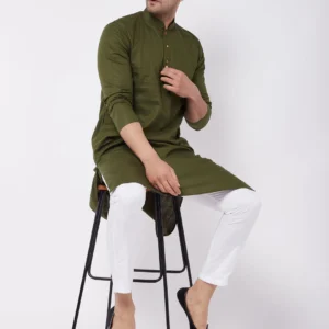 men's mehendi green solid cotton blend kurta and white pyjama set