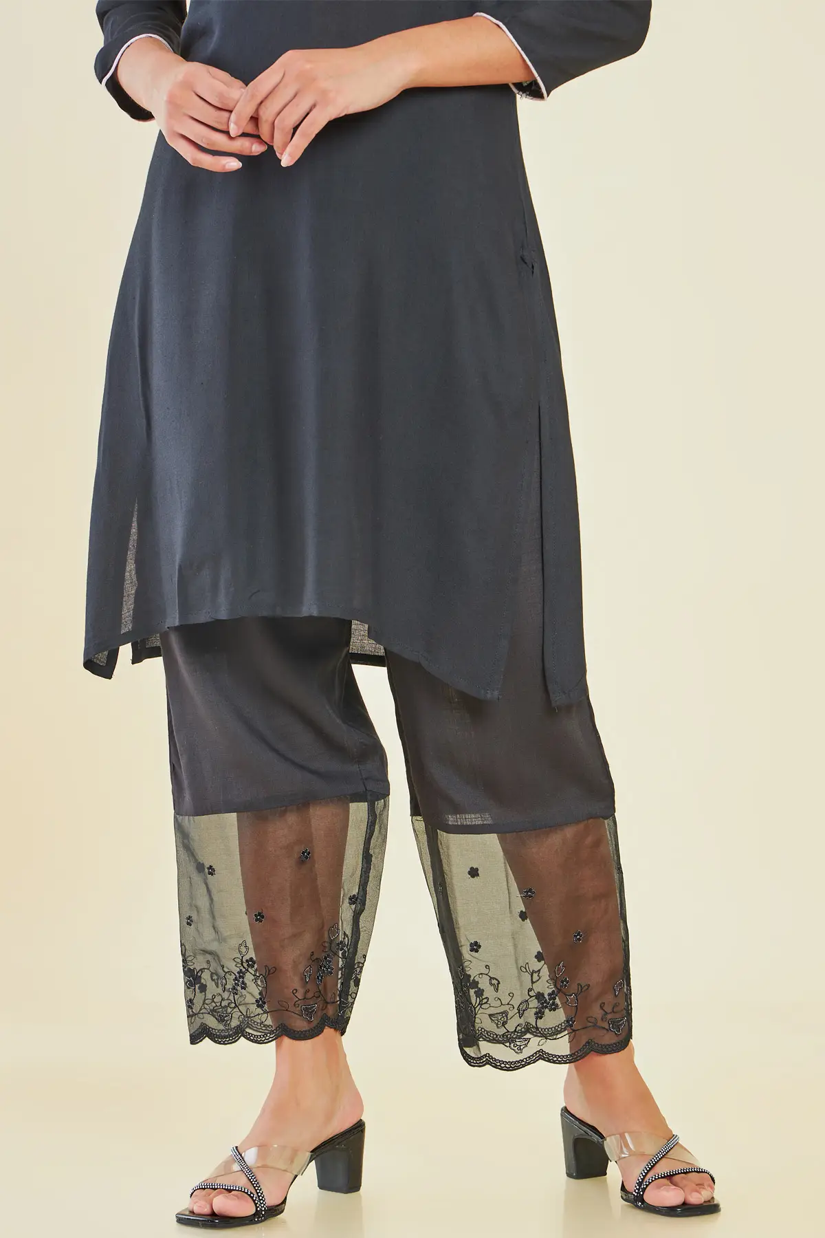 black rayon embroidered palazzo with sheer and scallop borders black rayon embroidered palazzo with sheer and scallop borders