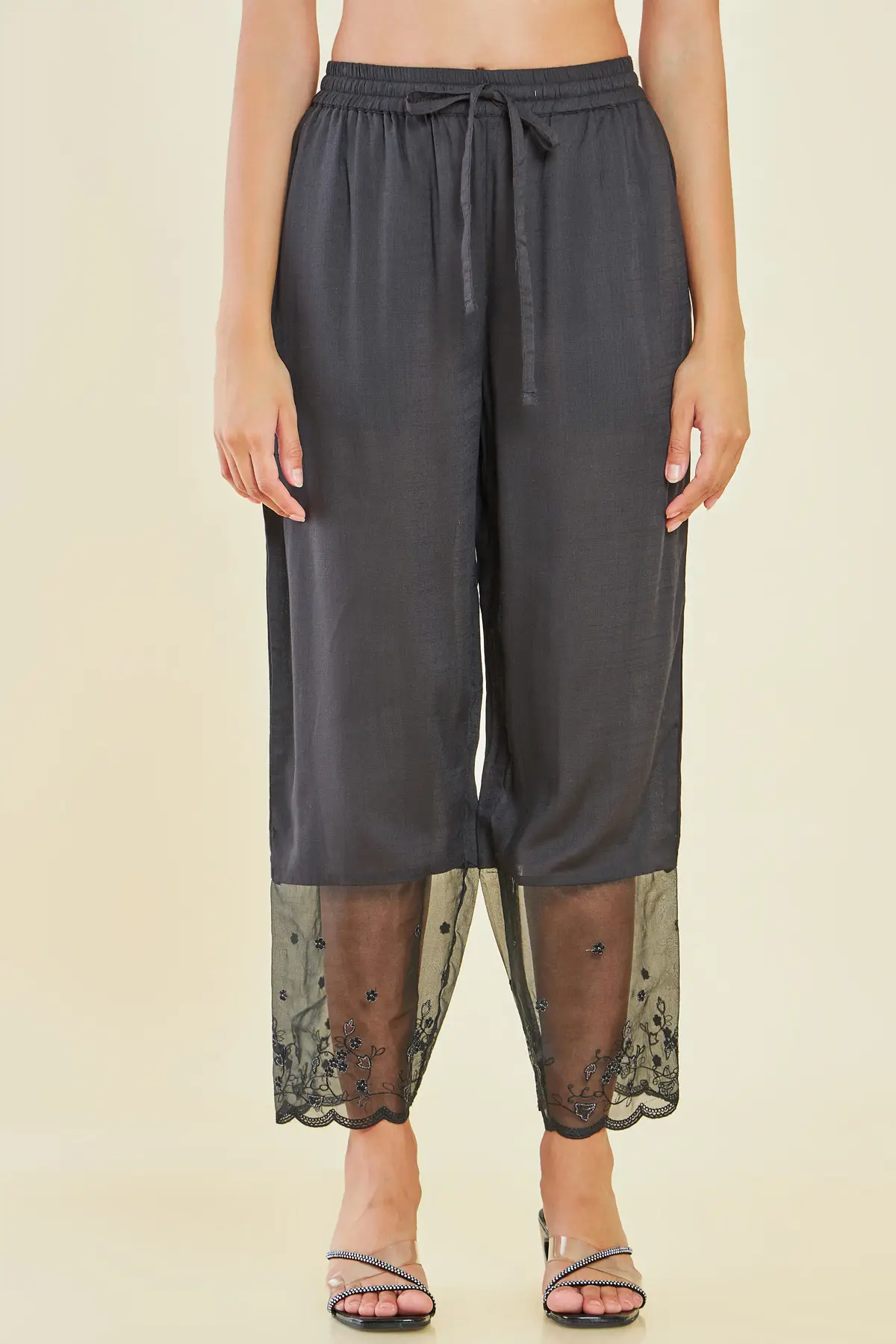 black rayon embroidered palazzo with sheer and scallop borders black rayon embroidered palazzo with sheer and scallop borders
