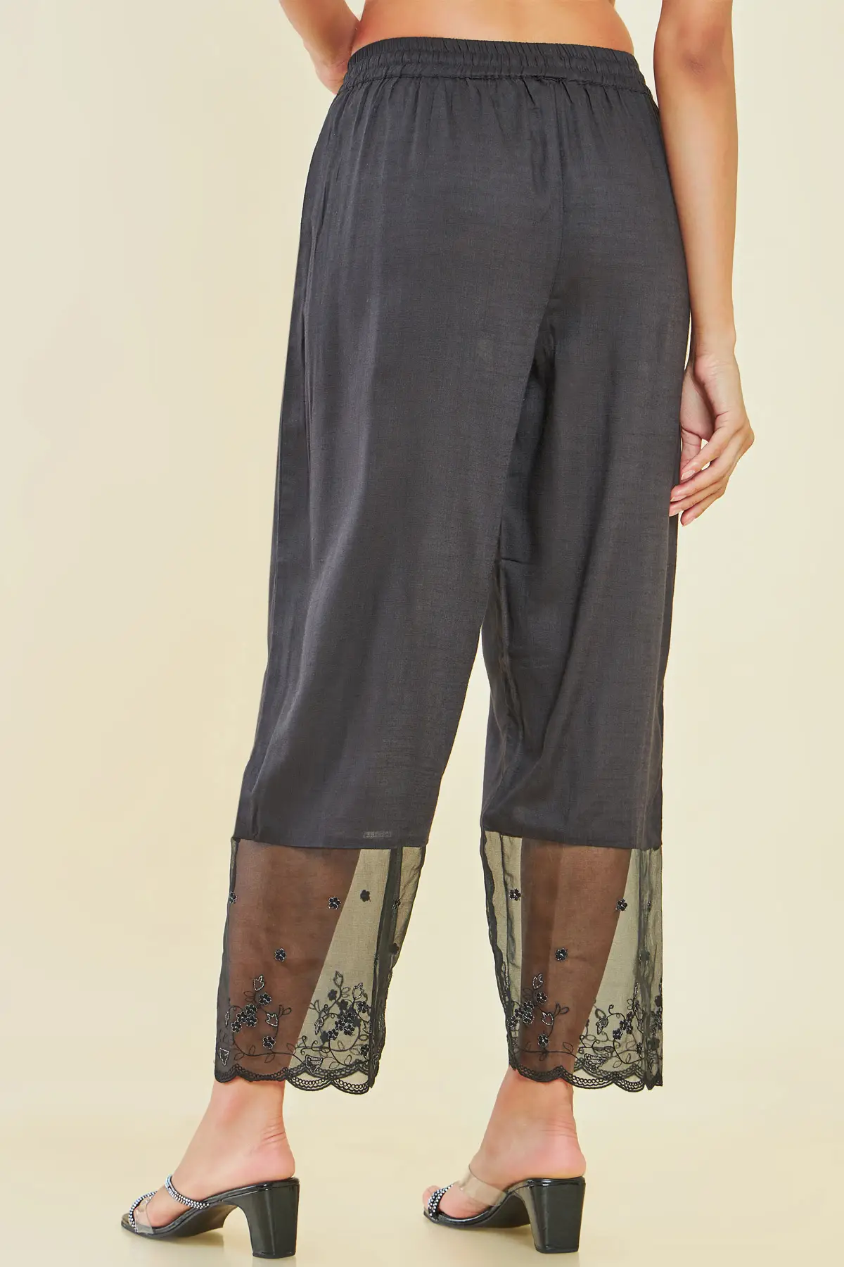 black rayon embroidered palazzo with sheer and scallop borders black rayon embroidered palazzo with sheer and scallop borders