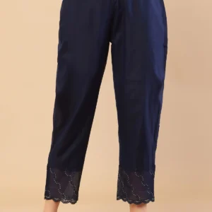 navy blue chanderi cigarette pants with embroidered borders