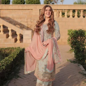 shriyanshi sky blue embroidered kurti sharara set